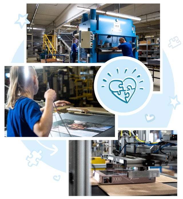 Każdy egzemplarz puzzli i gier spersonalizowanych przez naszych klientów wykrawany jest za pomocą precyzyjnych noży i pakowany w indywidualnie projektowane pudełko.