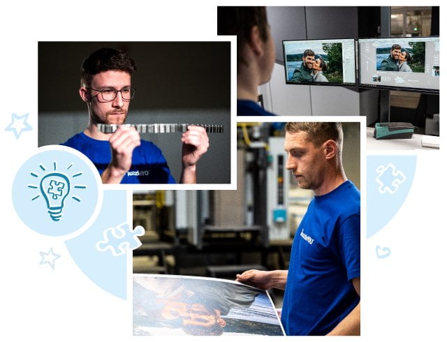 Prawdziwe rzemiosło: Nasi pracownicy podczas drukowania oraz ustawiania urządzenia do wykrawania puzzli.