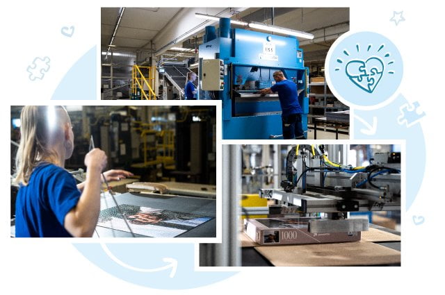 Każdy egzemplarz puzzli i gier spersonalizowanych przez naszych klientów wykrawany jest za pomocą precyzyjnych noży i pakowany w indywidualnie projektowane pudełko.