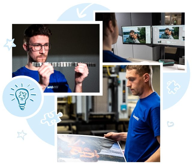 Prawdziwe rzemiosło: Nasi pracownicy podczas drukowania oraz ustawiania urządzenia do wykrawania puzzli.